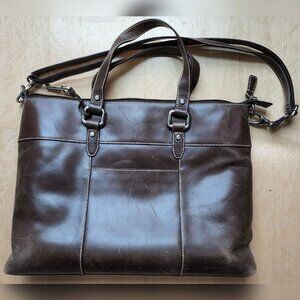 FOSSIL Dark Brown Leather Bag Briefcase, Distressed, Zipper Closure Compartments